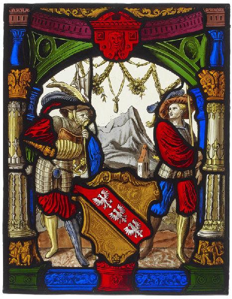 Armes de Lorraine encadrées par deux hommes en armes