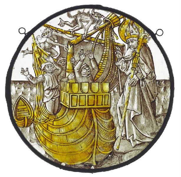 Scène de la légende de saint Nicolas : le saint protège des naufragés ; Un Evêque nimbé (à gauche) ; L'histoire d'Hugues III, duc de Bourgogne (ancien titre)