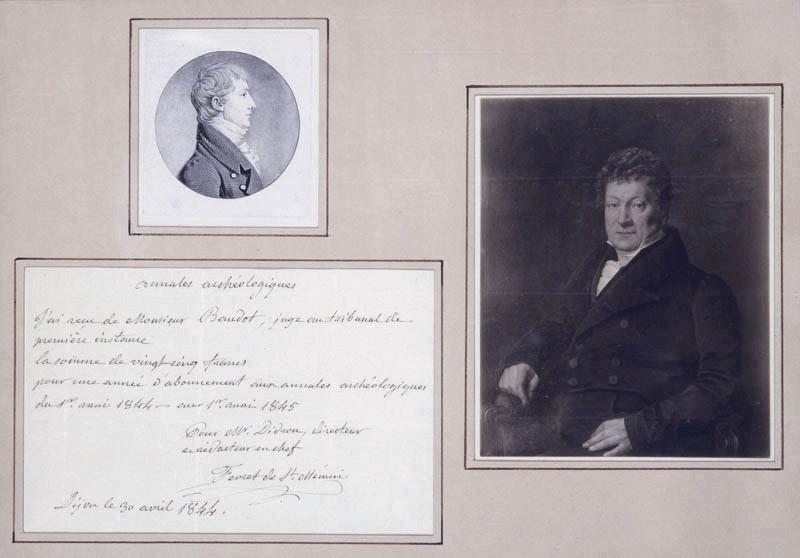 Cadre contenant une gravure, un autographe et une reproduction du portrait de Févret de Saint-Mémin