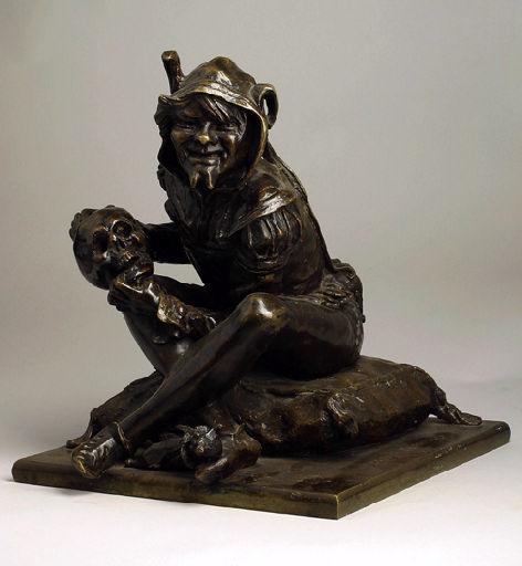 Le Fou et la Mort ; Fou posant la main sur un crâne humain