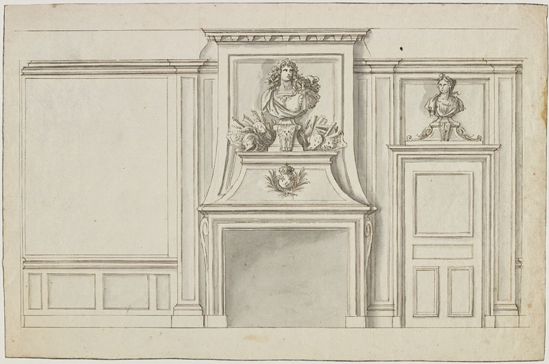 Cheminée avec buste de Louis XIV, attributs des arts et de la guerre (Titre attribué)