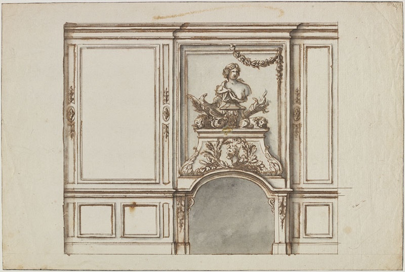 Cheminée avec buste de femme, accompagné d'un aigle, d'un foudre, d'un dauphin et d'un lion (Titre attribué)