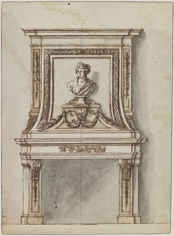 Cheminée avec buste de femme portant un diadème (Titre attribué)