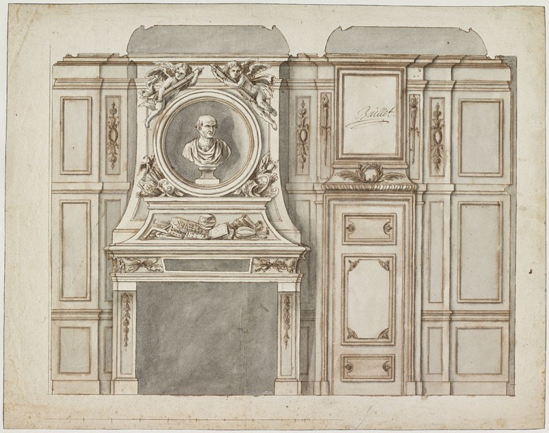 Cheminée avec buste d'homme chauve à l'antique (Titre attribué)