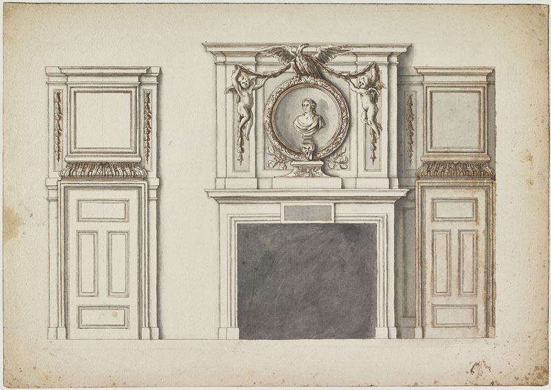 Cheminée avec buste de femme surmontée d'un aigle (Titre attribué)