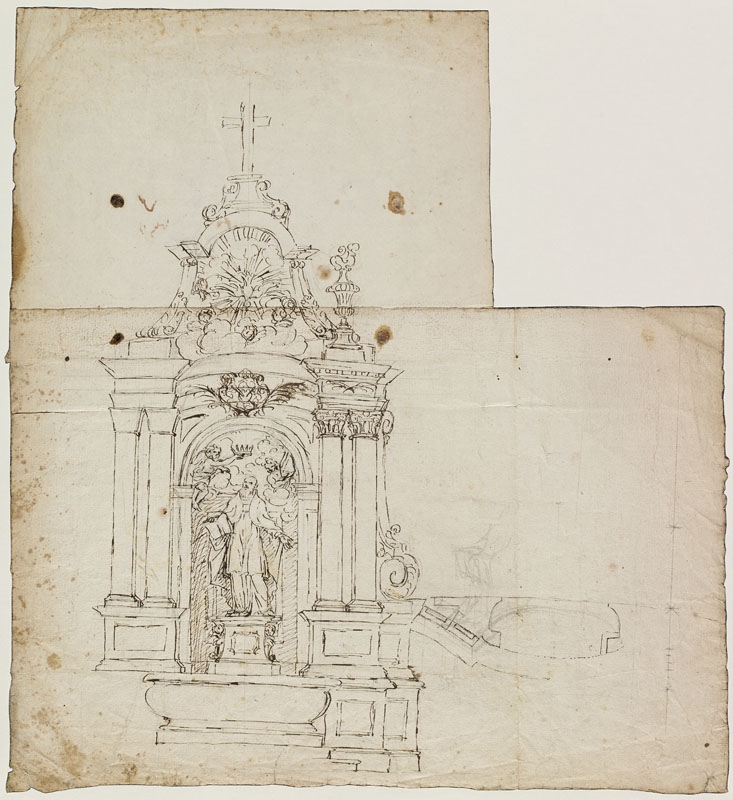 Autel avec un saint couronné (Titre attribué) ; Autel monumental dédié à saint François de Sales (Titre attribué) ; Projets de cheminées