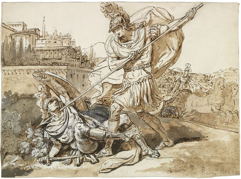 Énée et Turnus ; Un soldat transperçant le cou d'un adversaire avec un javelot : Enée et Turnus ?