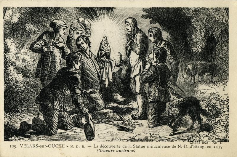109.VELARS-sur-OUCHE-N.D.E.-La découverte de la Statue miraculeuse de N.-D.d'Etang,en 1435/(Gravure ancienne)