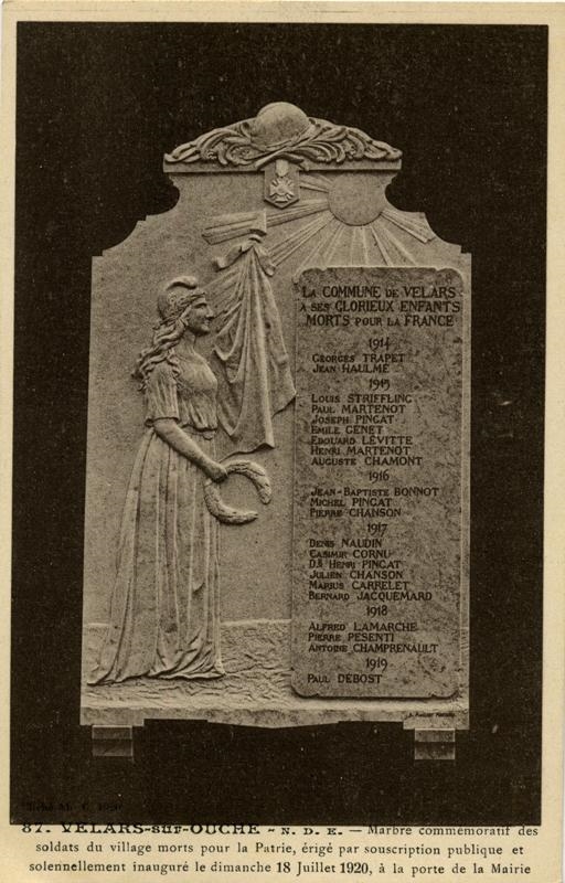 87 - VELARS-sur-OUCHE-N.D.E. - Marbre commémoratif des/soldats du village morts pour la Patrie