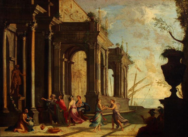 Jeunes filles déposant des offrandes au pied d'une statue