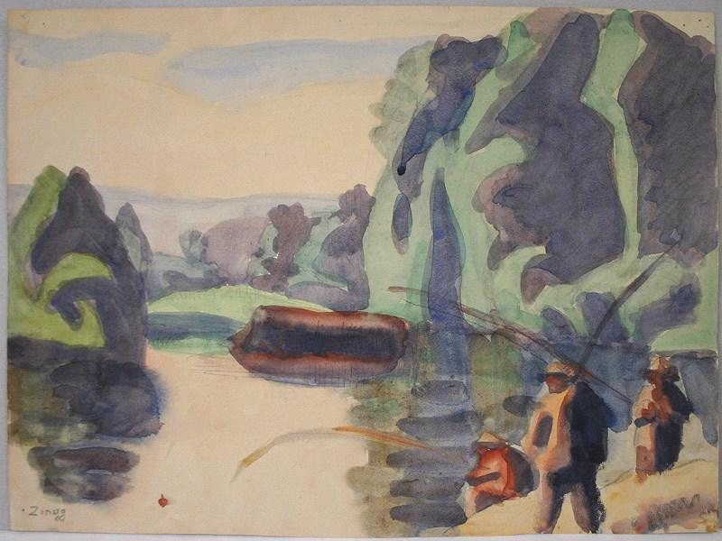 Paysage aux pêcheurs à la ligne