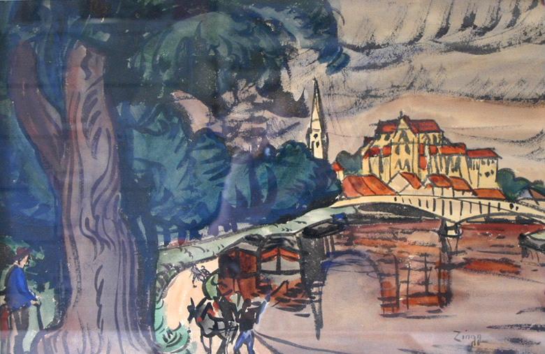 Vue d'Auxerre (présence du pont et du chemin de halage)