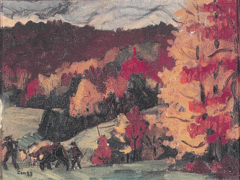 Paysage d'automne (arbres et personnages)