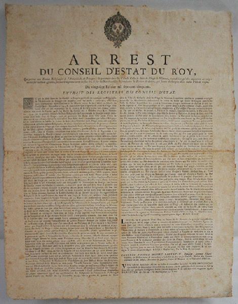 Arrest du Conseil d'Estat du Roy permettant aux religieuses de l'Annonciade de Bourges de percevoir dans la Ville de Cosne le droit de péage de Myennes