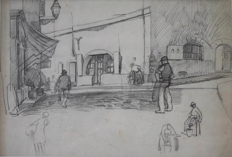 Nevers, la rue des Boucheries (au revers du dessin, étude de deux paysans)