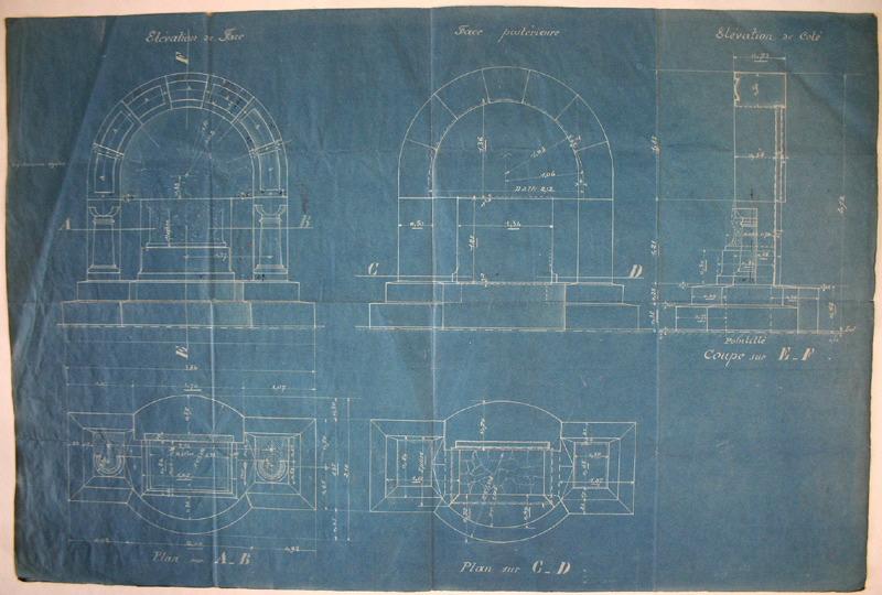 Plan et coupes pour le monument aux morts d'Issy-les-Moulineaux (une palme est esquissée au revers)