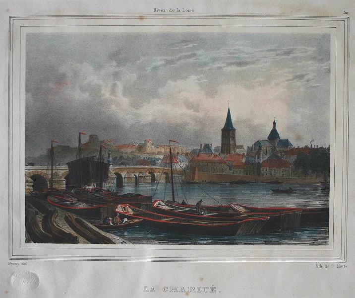 Rives de la Loire : Vue de La Charité-sur-Loire (bateaux au premier plan)