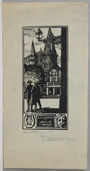 Ex libris : deux soldats américains devant le palais ducal de Nevers (ex-libris de Leah H Thayer)