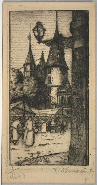 Le marché, place des Reines de Pologne, Nevers (autre estampe au revers)