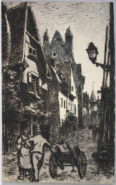 La rue de la Parcheminerie à Nevers (esquisse au crayon du palais ducal, au revers)