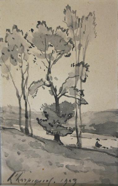 Paysage avec rivière (arbres au premier plan, peupliers ?)