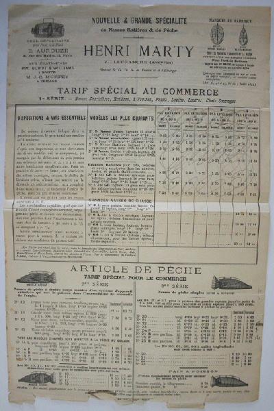 Grille tarifaire pour les nasses de la manufacture Henri Marty