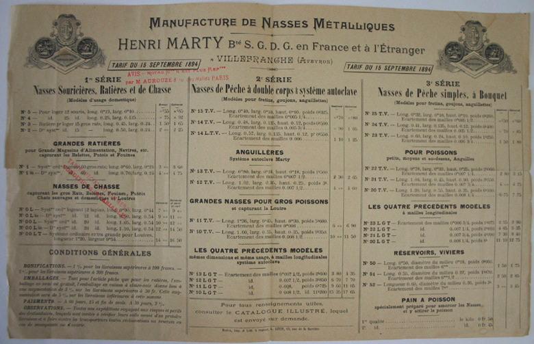 Grille tarifaire pour les nasses de la manufacture Henri Marty