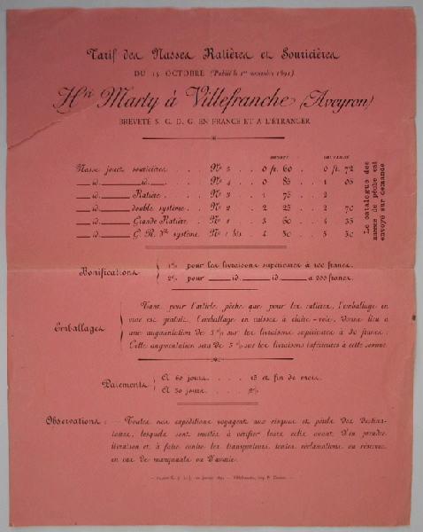 Grille tarifaire pour les nasses de la manufacture Henri Marty