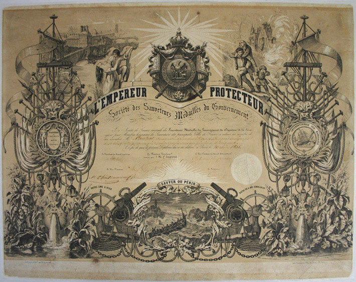 Diplôme de la Société des sauveteurs médaillés du gouvernement remis à Alexandre Pautrat (diplôme remis le 26 juin 1855 pour le sauvetage de 4 personnes. Alexandre Pautrat est admis dans cette société)