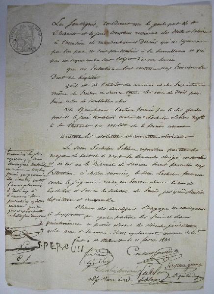 Acte d'engagement pour le partage des frais en cas de procès pour un litige sur des droits liés à des marchandises n'ayant pas séjournées au port [engagement pris de différents protagonistes sous timbre royal. la personne mise en cause est un batelier du nom de Lechelon Leblanc]