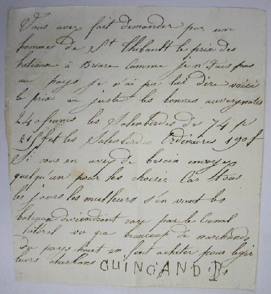Réponse sur le prix de bateaux (salemberdes) à Briare (concerne des salemberdes (appelées aussi sapines). réponse faite auprès de monsieur Groslier Constant, marchand de vin à St Thibault)