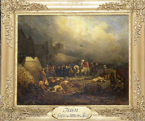 Entrée d'Henri IV à Paris (Copie d'après une lithographie du tableau de Hippolyte Bellangé, Les clefs de la ville, qui représente l'entrée de Louis XII et du cardinal de Richelieu à La Rochelle. Seule a été changée la tête du roi.)