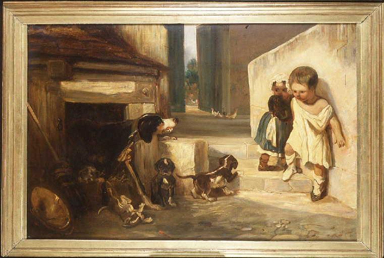 Enfants effrayés à la vue d'une chienne