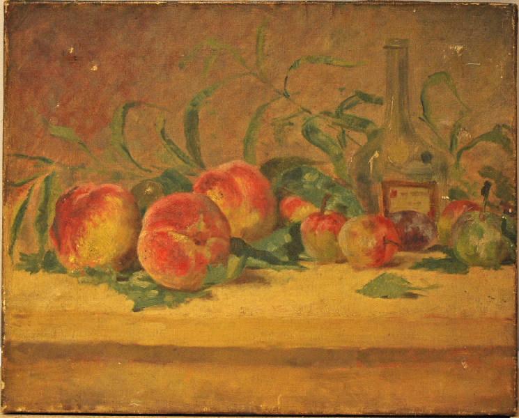 Nature morte: pêches, prunes et bouteille