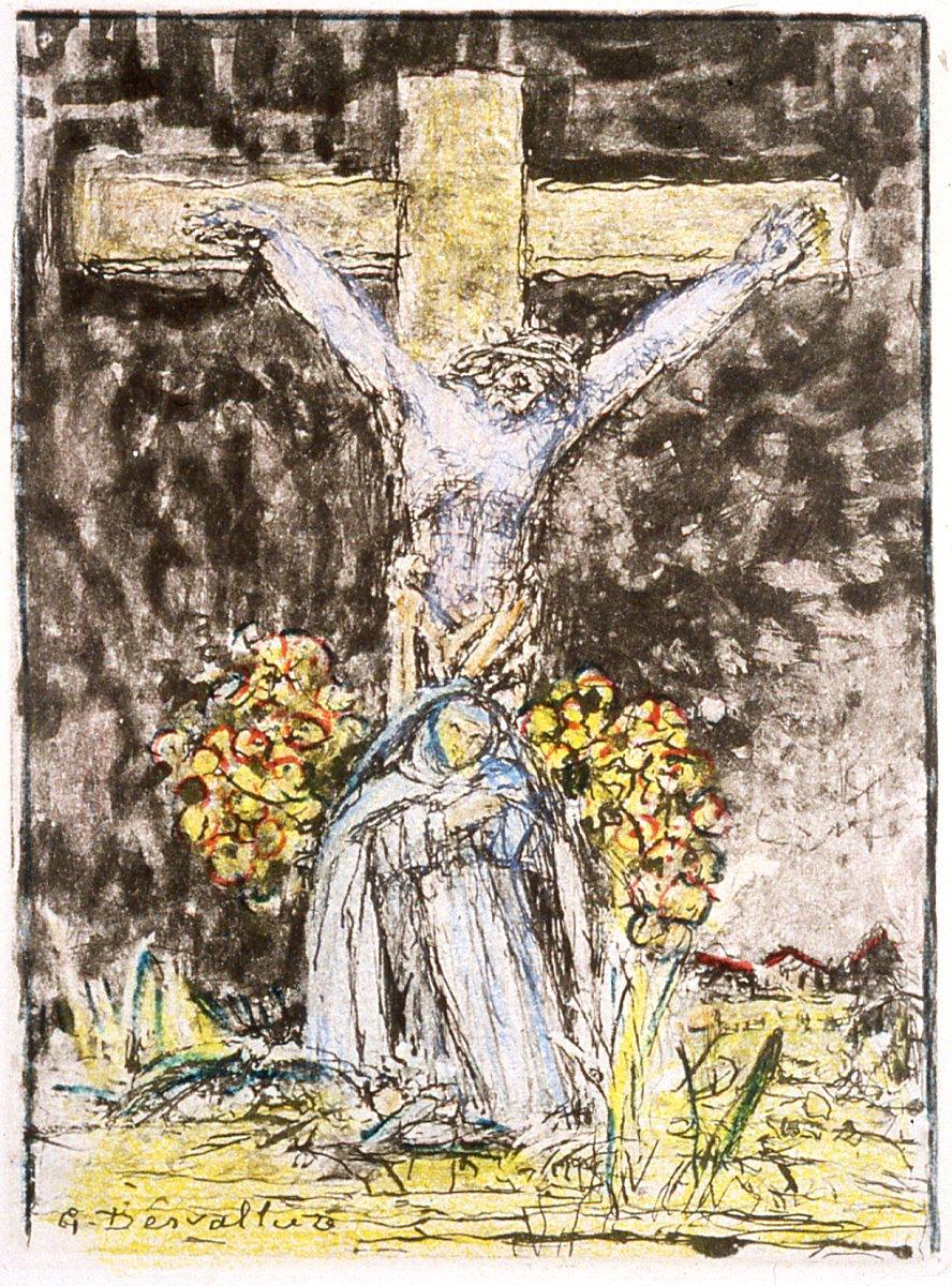 Sainte Thérèse de l'Enfant Jésus au pied du Christ en croix