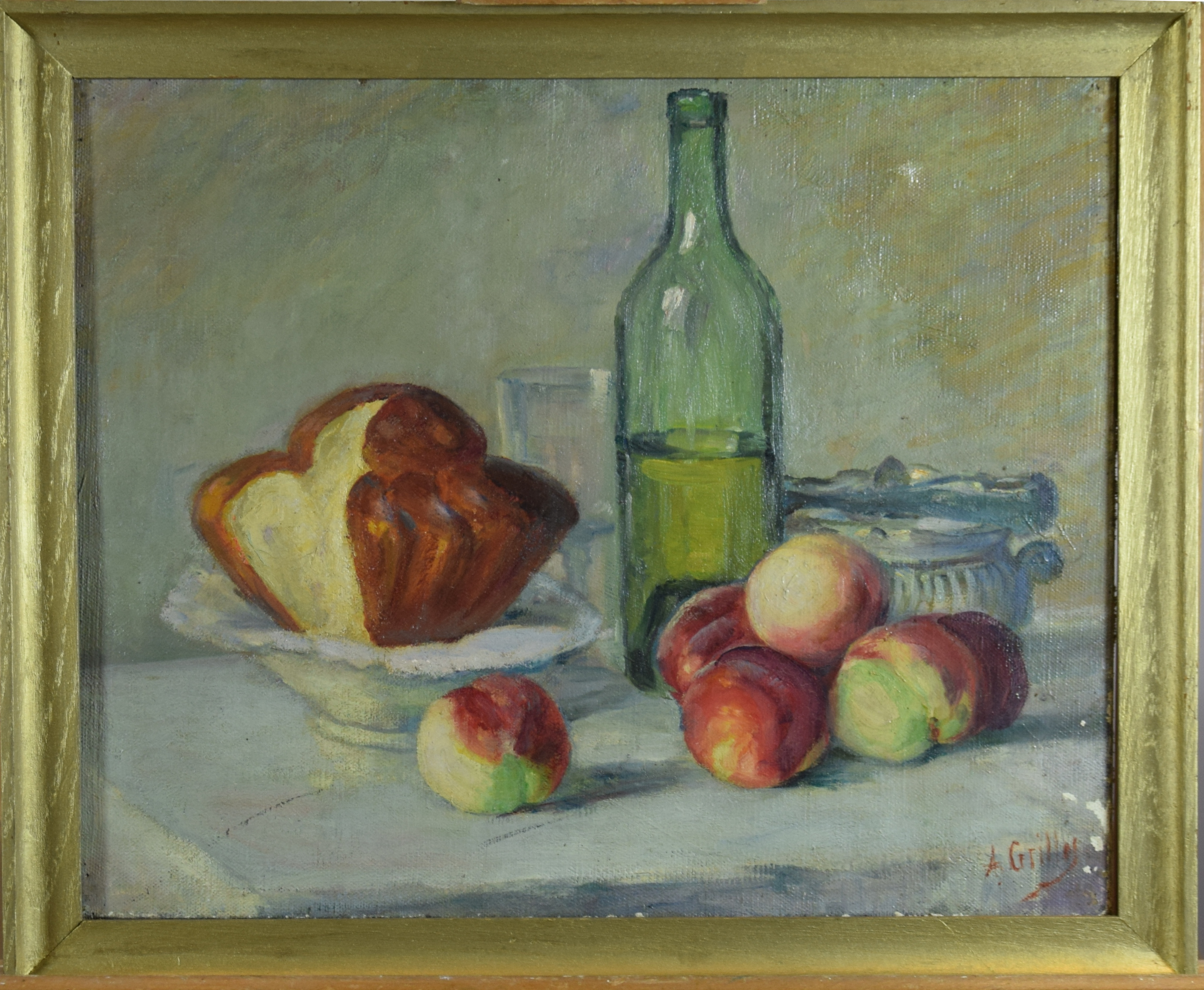 Nature morte à la brioche, pommes et bouteille