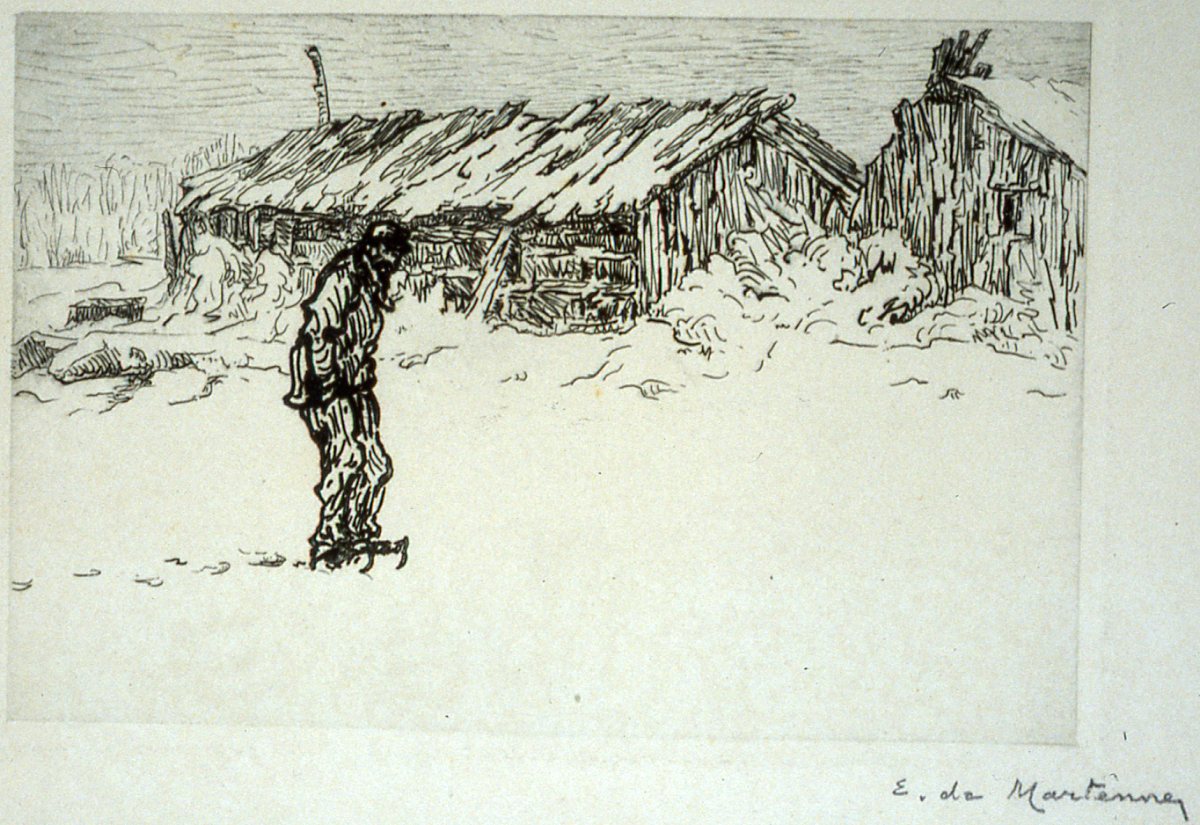Paysage de neige avec personnage et chaumière