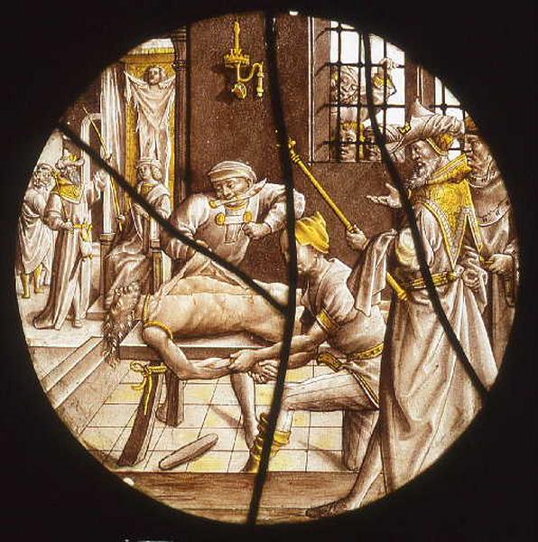 Vitrail : Le jugement de Cambyse ; Martyre de saint Barthélémy ? (autre titre) ; ; Scène de martyre ? (autre titre)