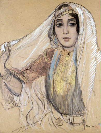 Portrait de jeune femme musulmane (soulevant son voile)