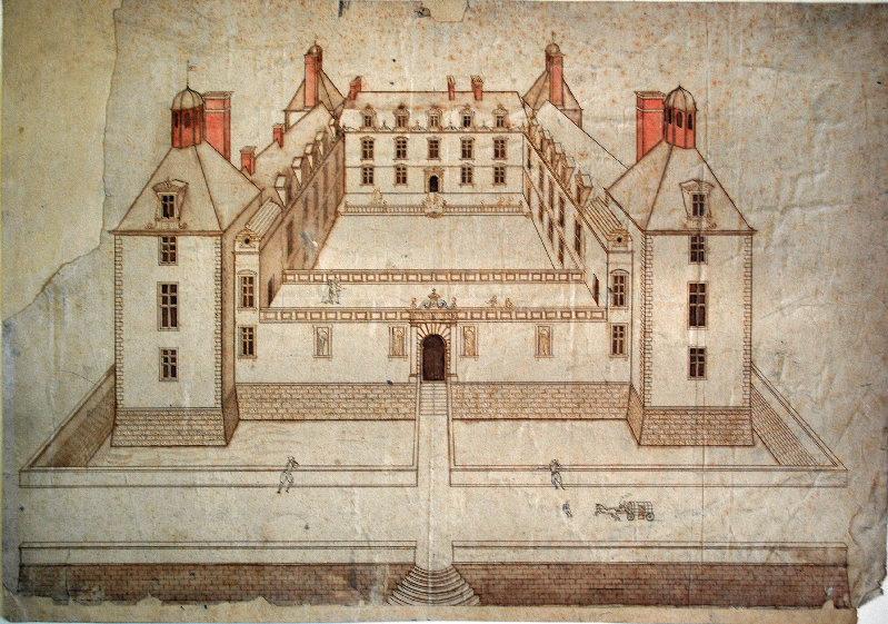 Vue du château de Montjeu (Face A recto) ; Elévations et plans de maisons (Face B recto)
