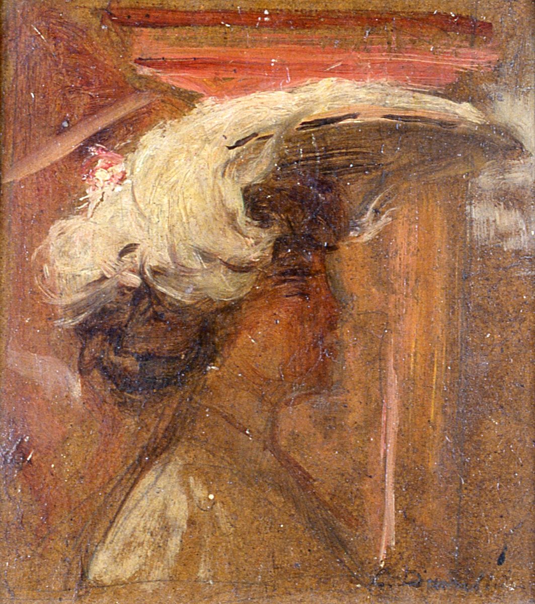 Femme au chapeau à plumes blanches, de profil, devant une colonne
