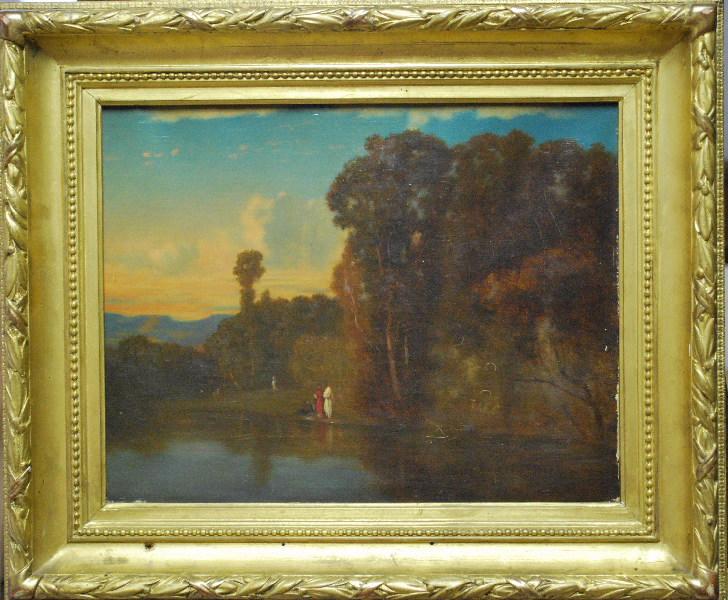 Bois d'automne avec personnages au bord de l'eau