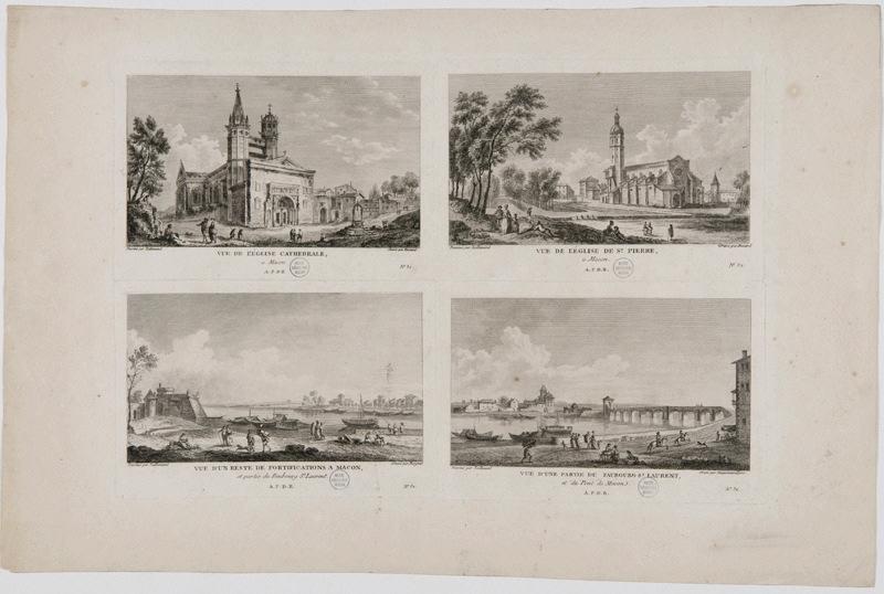 Quatre vues de Mâcon : Vue de l'église cathédrale, à Macon ; Vue de l'église de Saint-Pierre, à Macon ; Vue d'une partie du faubourg St-Laurent et du Pont de Mâcon ; Vue d'un reste de fortifications à Mâcon, et partie du Faubourg St. Laurent