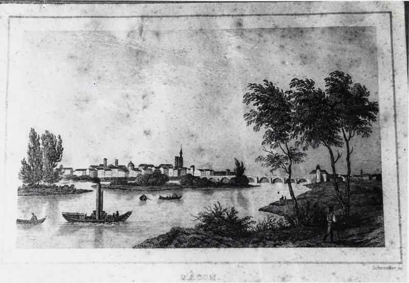Vue de Mâcon de la rive est, vers 1838 (Extrait du Guide Pittoresque du voyageur en France, d'Eusèbe Girault de Saint-Fargeau.)
