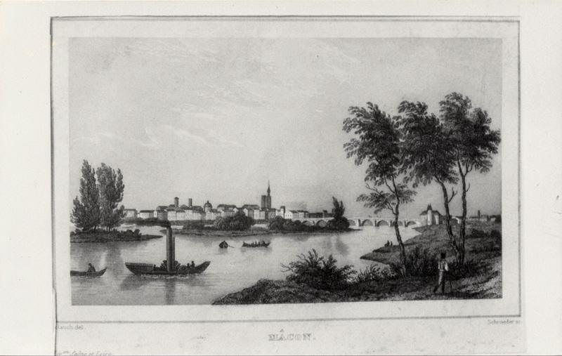 Vue de Mâcon de la rive est, vers 1838 (Extrait du Guide Pittoresque du voyageur en France, d'Eusèbe Girault de Saint-Fargeau.)