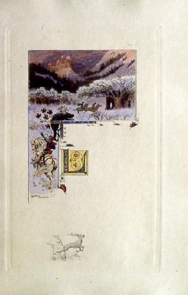 Saint Julien l'Hospitalier, chapitre 01 - Le père et la mère de Julien habitaient un château (Tête de chapitre et lettrine ; tirage couleur)