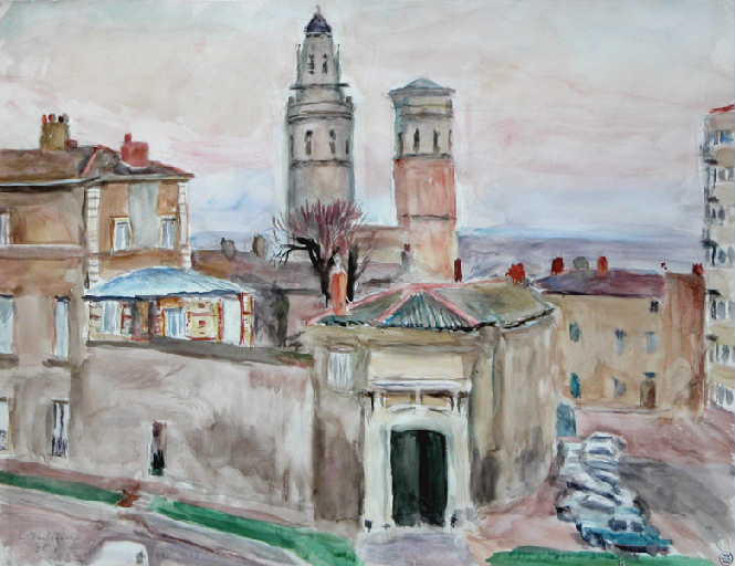 La place de la Baille et les tours du Vieux Saint-Vincent (au recto) ; Composition à la bouteille et aux verres (au verso)