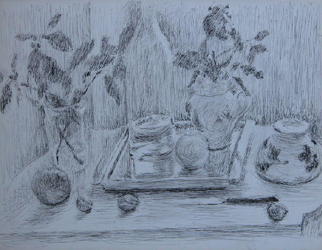 Nature morte à la bouteille et aux vases de fleurs