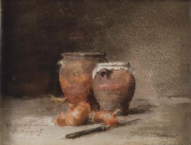 Nature morte aux oignons, au couteau et poterie