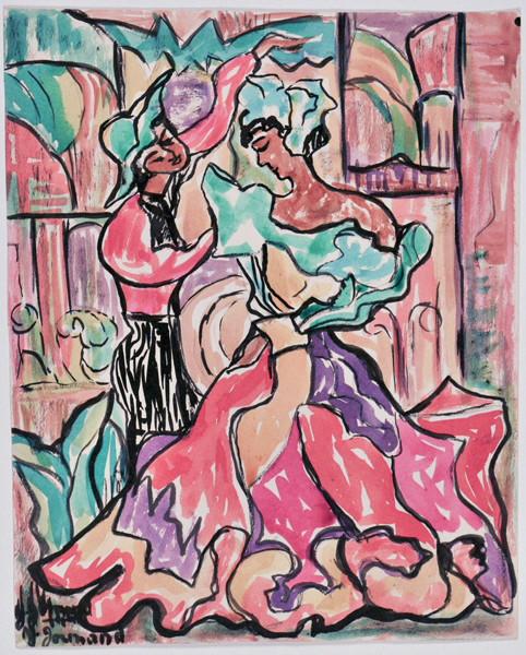 Couple de danseurs dans un décor architecturé (recto)